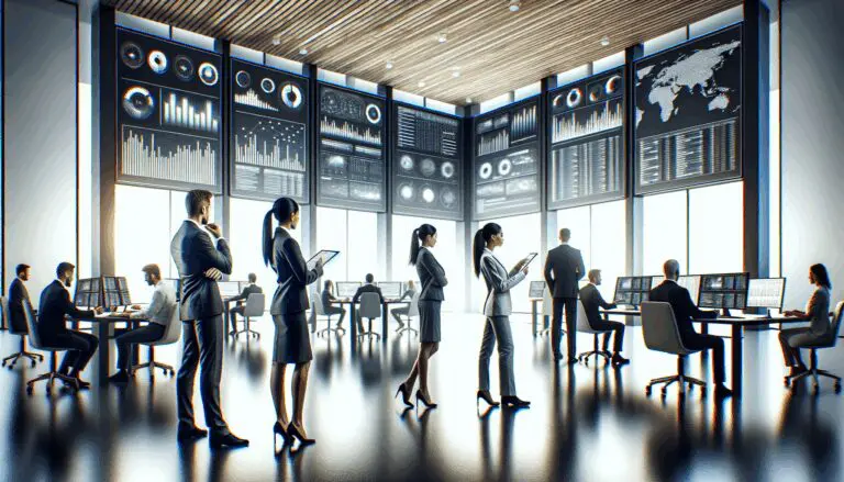 Equipo de trabajo revisando datos en una oficina moderna con pantallas digitales