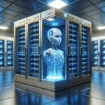 Sala de servidores futurista con luces azules que representan inteligencia artificial