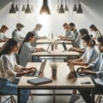 Jóvenes programadores trabajando frente a laptops en un espacio de coworking moderno