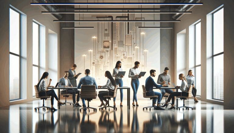 Personas colaborando en un espacio moderno de trabajo con ambiente tecnológico