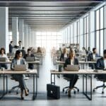 Oficinas modernas de un centro de innovación con emprendedores trabajando en laptops