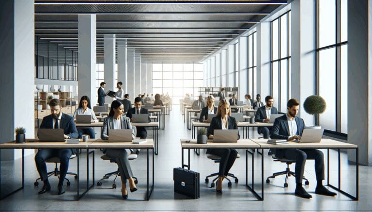 Oficinas modernas de un centro de innovación con emprendedores trabajando en laptops