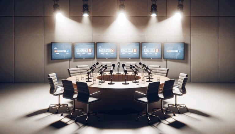 Mesa de debate en estudio de radio con micrófonos y pantallas digitales