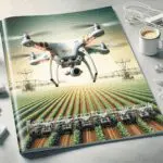 Drone sobrevolando un campo agrícola con sensores de cultivo y maquinaria automatizada