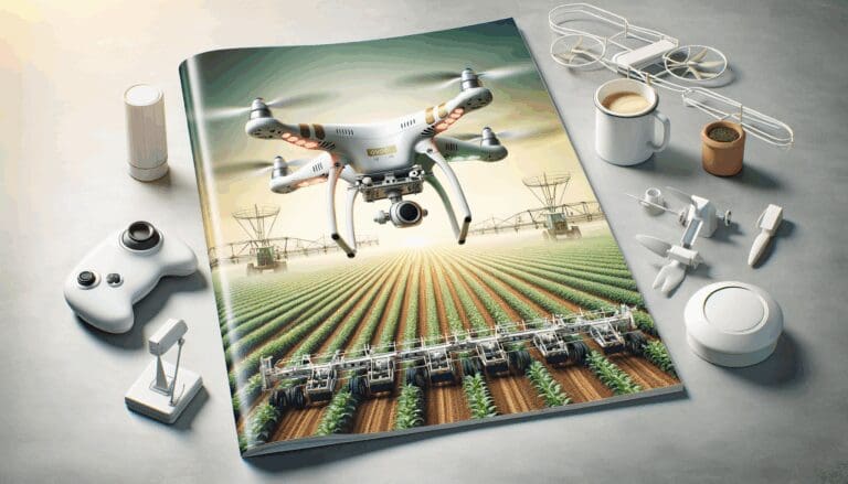 Drone sobrevolando un campo agrícola con sensores de cultivo y maquinaria automatizada