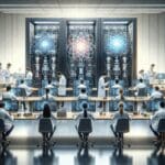 Laboratorio tecnológico con científicos trabajando en sistemas de inteligencia artificial cuántica