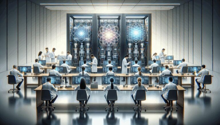 Laboratorio tecnológico con científicos trabajando en sistemas de inteligencia artificial cuántica