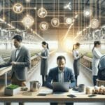 Emprendedores trabajando en una granja inteligente con tecnología agrícola y sensores