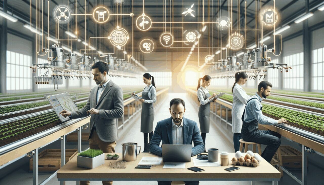 Emprendedores trabajando en una granja inteligente con tecnología agrícola y sensores