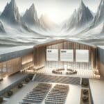 Vista aérea de un moderno centro de conferencias con montañas de fondo.