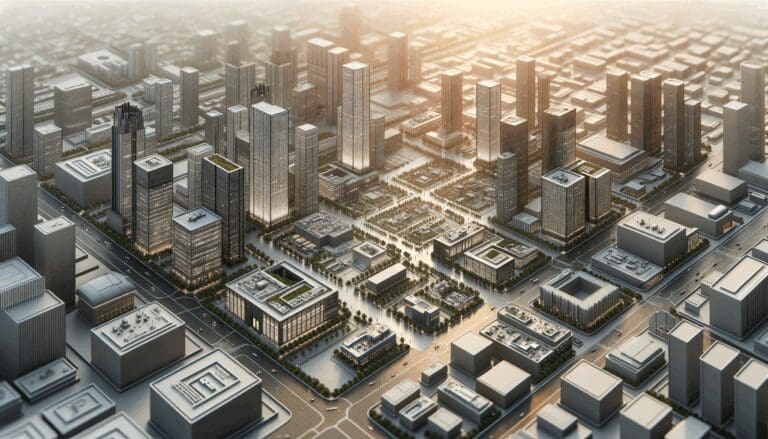 Vista aérea de un parque tecnológico con edificios modernos y elementos de infraestructura electrónica