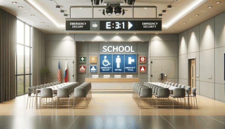 Interior de una escuela con tecnología de seguridad y señalización de emergencia instalada