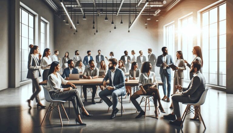 Grupo de emprendedores participando en un taller en un moderno espacio de coworking