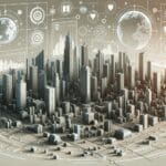 Render moderno de una ciudad digitalizada con edificios interconectados y gráficos de datos flotando