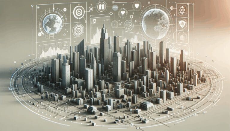 Render moderno de una ciudad digitalizada con edificios interconectados y gráficos de datos flotando