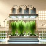 Cultivo de microalgas en un entorno de laboratorio con luces LED.