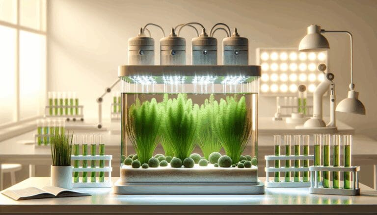 Cultivo de microalgas en un entorno de laboratorio con luces LED.