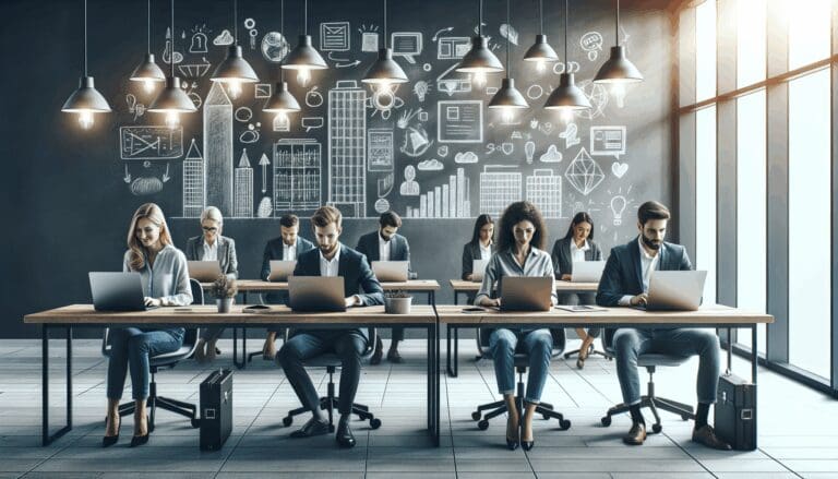 Sala de coworking con personas trabajando en laptops y pizarras llenas de ideas