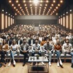 Participantes reunidos en un auditorio moderno durante una competencia de startups