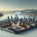 Vista panorámica de las ciudades de Puerto Montt y Puerto Varas con un enfoque tecnológico.