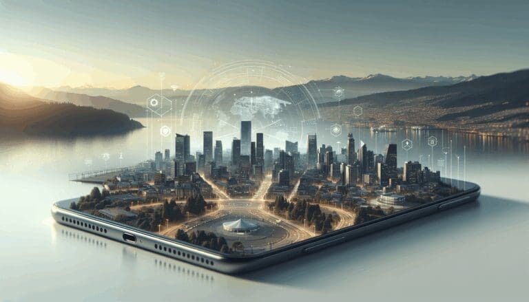 Vista panorámica de las ciudades de Puerto Montt y Puerto Varas con un enfoque tecnológico.