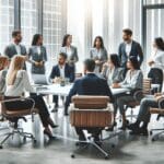 Oficinas modernas con emprendedores reunidos discutiendo ideas de negocio