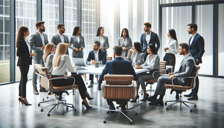 Oficinas modernas con emprendedores reunidos discutiendo ideas de negocio