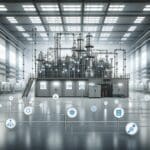 Fábrica moderna con sensores industriales conectados en un entorno tecnológico