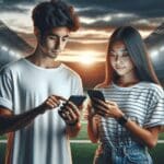 Dos jóvenes con celulares consultando una app al borde de una cancha de fútbol al atardecer