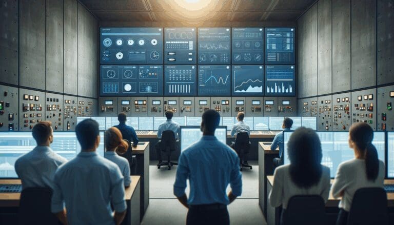 Ingenieros observando pantallas con datos en tiempo real dentro de una sala de control industrial