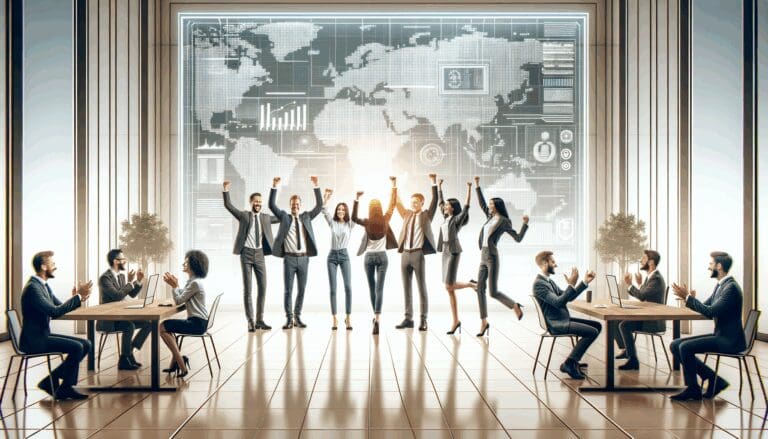 Equipo de emprendedores celebrando en un entorno moderno con pantallas tecnológicas de fondo