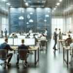 Oficina moderna con equipo de desarrolladores trabajando en interfaces de mensajería instantánea