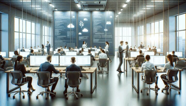 Oficina moderna con equipo de desarrolladores trabajando en interfaces de mensajería instantánea