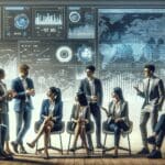 Emprendedores conversando frente a una pantalla con gráficos financieros y código de inteligencia artificial