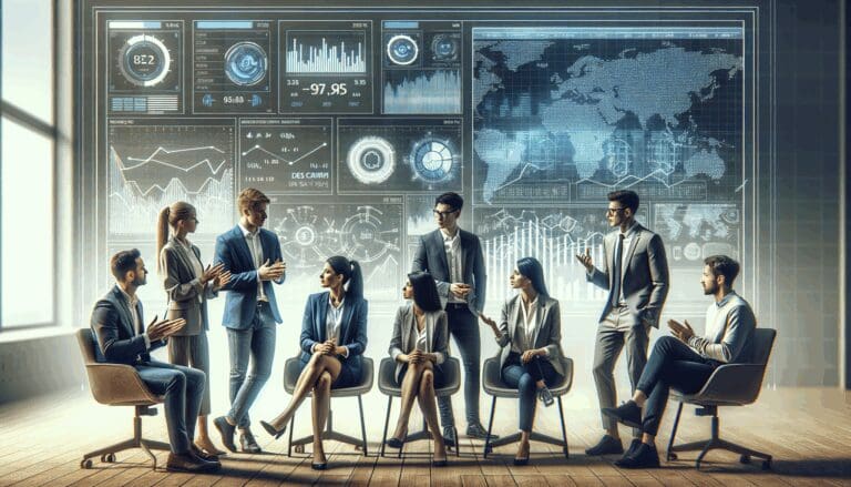 Emprendedores conversando frente a una pantalla con gráficos financieros y código de inteligencia artificial