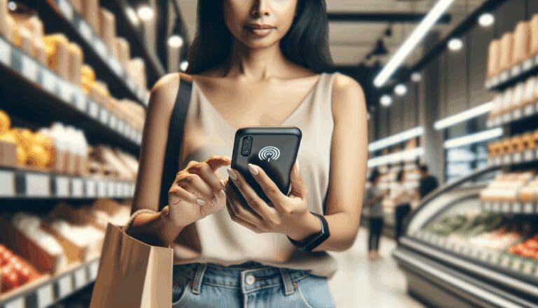 Primer plano de una persona escaneando un producto alimenticio con su smartphone en un supermercado moderno