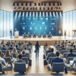 Auditorio moderno con emprendedores y jurado evaluando startups en competencia en vivo