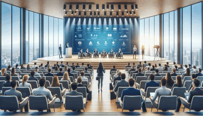 Auditorio moderno con emprendedores y jurado evaluando startups en competencia en vivo