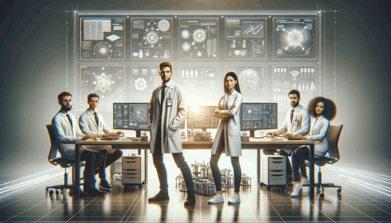 Equipo de ingenieros trabajando en un laboratorio con pantallas digitales y maquetas tecnológicas