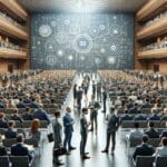 Auditorio moderno con emprendedores y empresarios en pleno networking durante un evento tecnológico