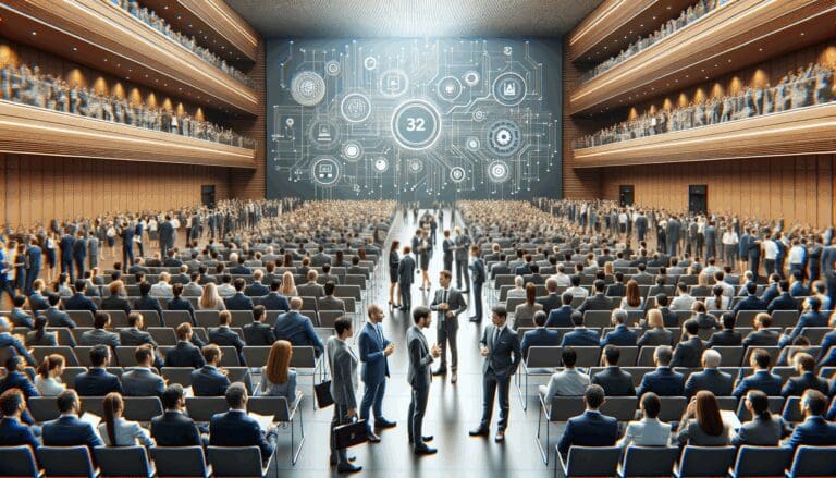 Auditorio moderno con emprendedores y empresarios en pleno networking durante un evento tecnológico