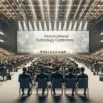 Auditorio moderno lleno de asistentes durante una conferencia tecnológica internacional