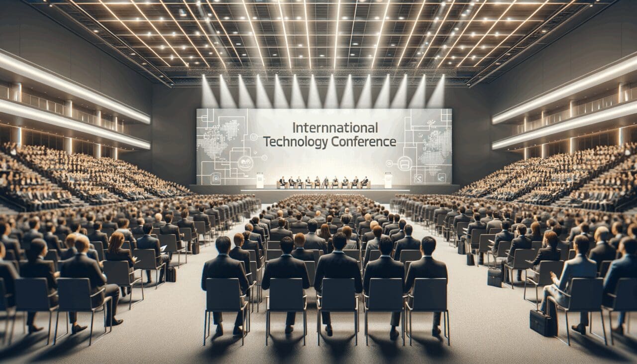 Auditorio moderno lleno de asistentes durante una conferencia tecnológica internacional
