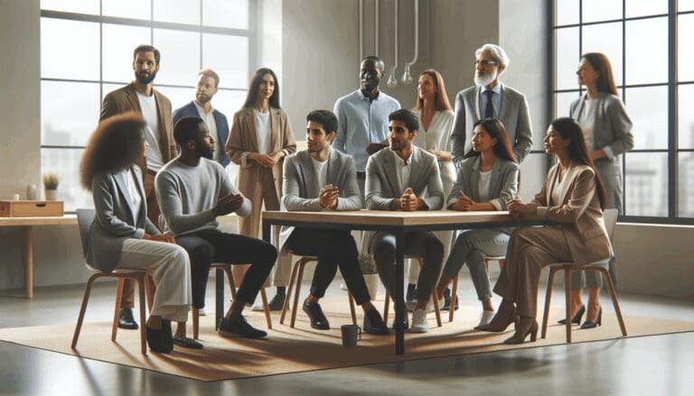 Emprendedores en una sesión de mentoría en un espacio de coworking moderno