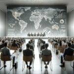 Auditorio tech moderno con emprendedores escuchando una conferencia internacional