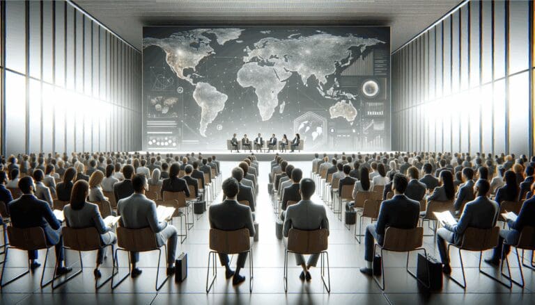 Auditorio tech moderno con emprendedores escuchando una conferencia internacional