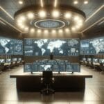 Interior de un centro de monitoreo digital con pantallas y mapas en tiempo real