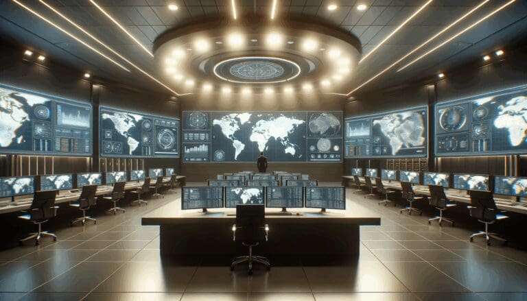 Interior de un centro de monitoreo digital con pantallas y mapas en tiempo real
