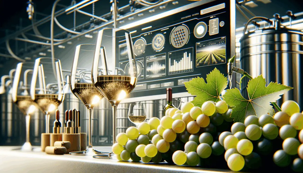 Primer plano de una bodega moderna con uvas, copas de vino y una pantalla digital en segundo plano