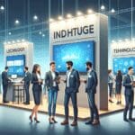 Emprendedores en un evento tecnológico con stands y pantallas digitales.